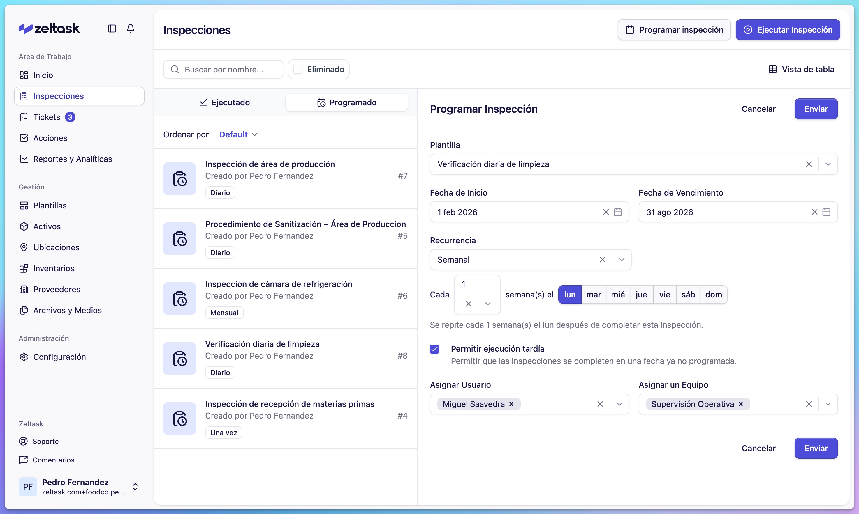 Schedule Inspection form — select template, set recurrence to Weekly, assign to a team
